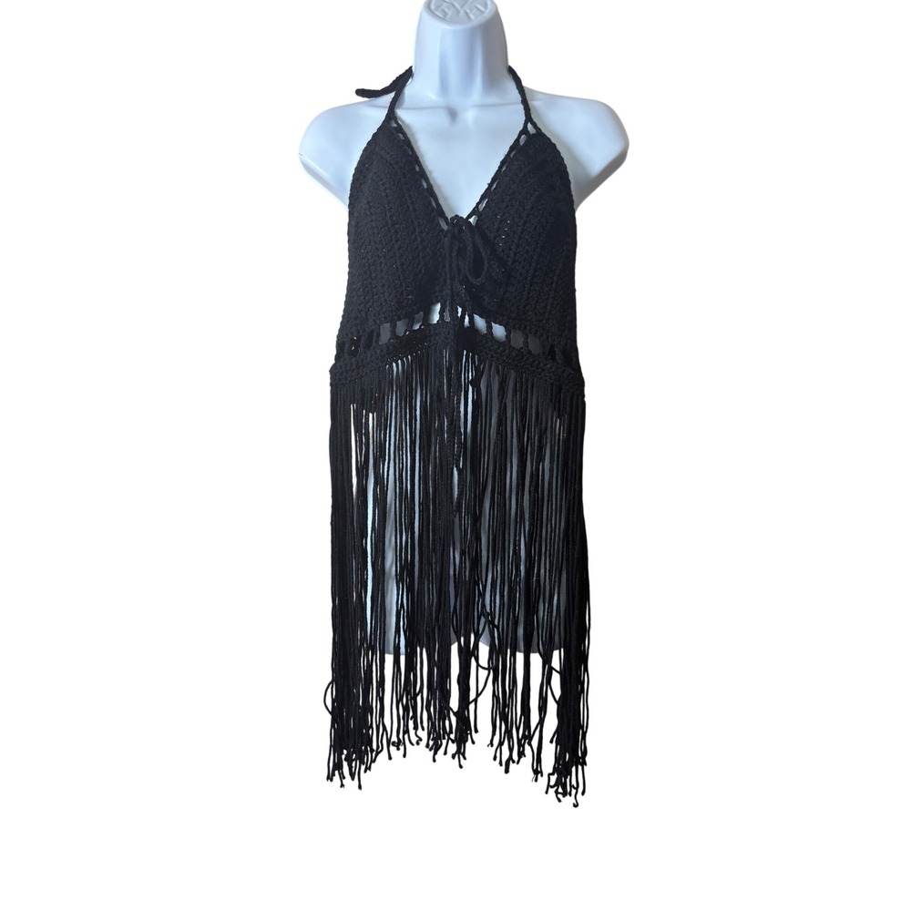 Womens Crochet Halter Top One Size Black Fringe‎ Boho Festival Rave Adjustable